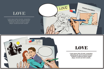 People in retro style. Embraces of a loving couple