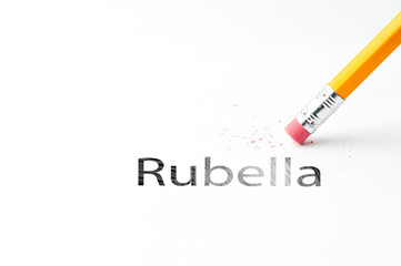 Closeup of pencil eraser and black rubella text. Rubella. Pencil with eraser.