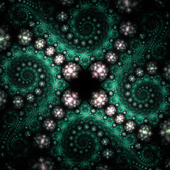Abstract fantasy green and white swirly ornament on black backgr