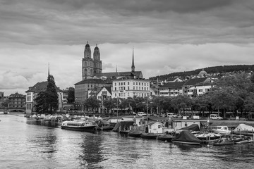 Zurich city center with Grossmunster Church and Limmat rive, Swi