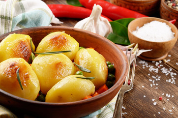 Boiled and baked potato and vegetables