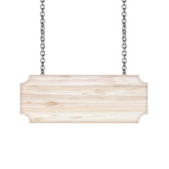 Wooden sign hanging on a chain isolated on white  background
