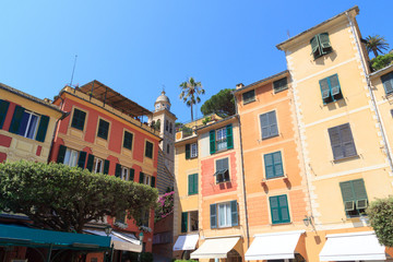 Village Portofino with colorful houses and bell tower in Liguria, Italy