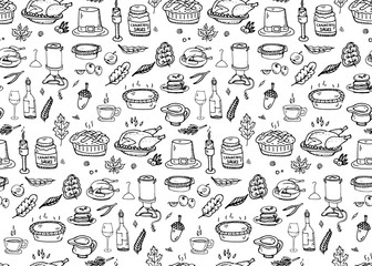 Seamless pattern Hand drawn doodle Thanksgiving icons set. Vector illustration autumn symbols collection. Cartoon various celebration elements: turkey, hat, cranberry, vegetables, pumpkin pie, leaves