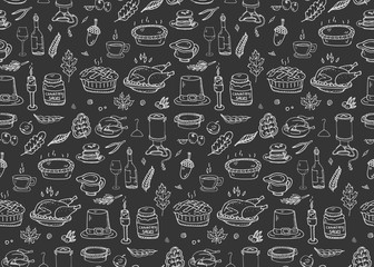 Seamless pattern Hand drawn doodle Thanksgiving icons set. Vector illustration autumn symbols collection. Cartoon various celebration elements: turkey, hat, cranberry, vegetables, pumpkin pie, leaves