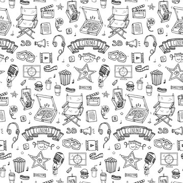 Seamless pattern Hand drawn doodle Cinema set. Vector illustration. Movie making icons. Film symbols collection. Cinematography freehand: camera, film tape, photo camera, pizza, popcorn, projector.