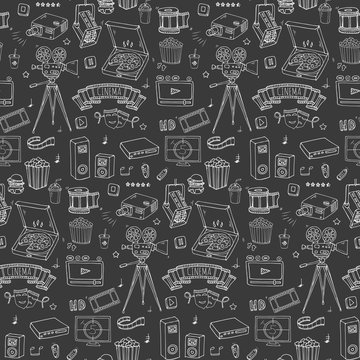 Seamless pattern Hand drawn doodle Cinema set. Vector illustration. Movie making icons. Film symbols collection. Cinematography freehand: camera, film tape, photo camera, pizza, popcorn, projector.