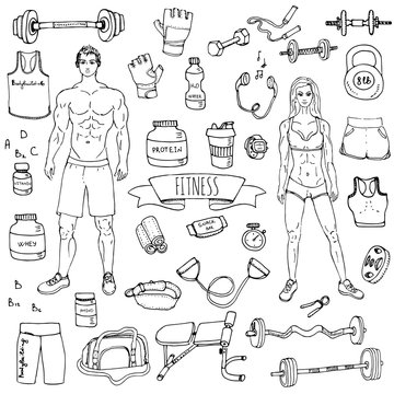 Hand drawn doodle fitness icons set. Vector illustration. Sport symbol collection. Cartoon bodybuilding various sketch elements: gym, sportsmen, diet, barbell, dumbbell, vitamin, protein, sport bag