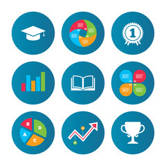 Graduation icons. Education book symbol.