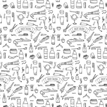 Seamless pattern hand drawn doodle Hair salon icons set. Vector illustration. Barber symbols collection. Cartoon hairdressing equipment elements: shampoo, mask, hair die, scissors, iron, hair dryer