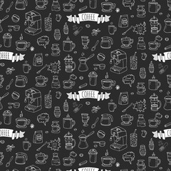 Seamless background hand drawn doodle Coffee time icons set Vector illustration isolated drink symbols collection Cartoon various beverage element: mug, cup, espresso, americano, irish, decaffeinated
