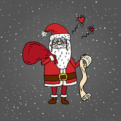 Hand drawn doodle Santa Claus with gifts icon. Vector illustration. Cartoon red hat Happy new year Santa Claus symbol Sketchy funny Merry Christmas element Traditional holiday present decoration.