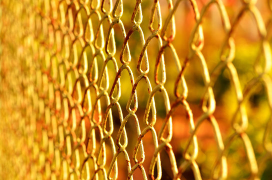 Old rusty chain-link fence at sunset