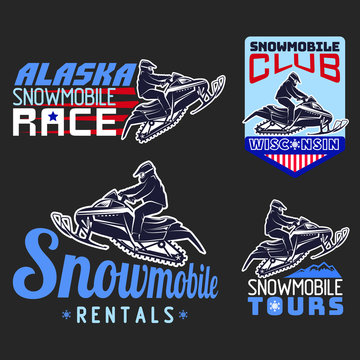 Set of winter snowmobile emblems, badges and icons.