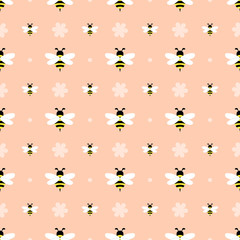 Seamless pattern with flying bees on a color background