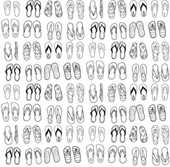 Cartoon style doodle sketch seamless pattern with various flip flops