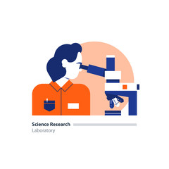 Science lab, scientific research laboratory, woman looking in microscope