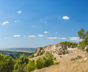 The Crimean mountains. Landscape view of blue sky and the plateau of Chufut-Kale. Crimea, Russia