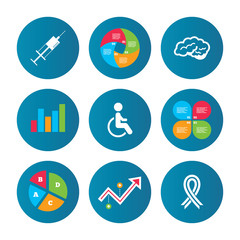 Medicine icons. Syringe, disabled, brain.