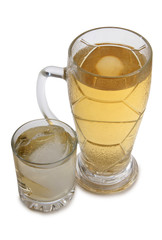 Glass jars with whiskey and ice on white background