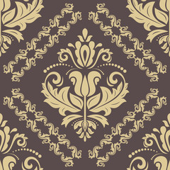 Damask vector classic brown and golden pattern. Seamless abstract background with repeating elements
