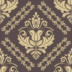 Damask vector classic brown and golden pattern. Seamless abstract background with repeating elements