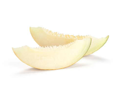 Two melon slices on a white background