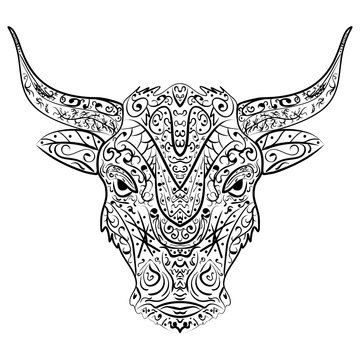 Patterned head of the bull, vector illustration in zentangle style