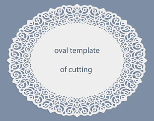 Greeting  card with openwork  oval border, paper doily under the cake, template for cutting, wedding invitation, decorative plate is laser cut, frame with lace edge, vector illustrations.