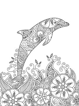 Coloring page with one jumping dolphin in the sea.
