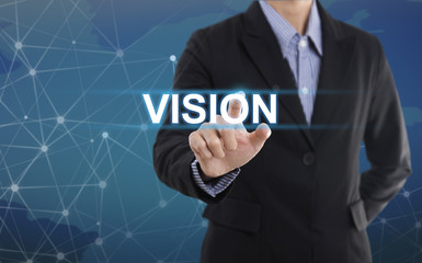Businessman hand pressing button vision. sign on virtual screen. business concept.