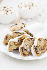 Christmas Stollen on a plate and cocoa, closeup