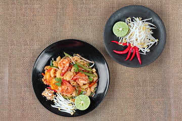 Thai fried macaroni with shrimp , call Pad Thai Macaroni in Thai,served with side dish