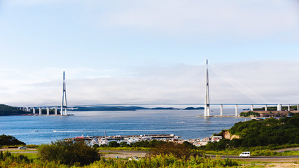 Fototapeta na wymiar Longest cable-stayed bridge in the world in the Russian Vladivostok over Eastern Bosphorus strait to Russky Island. 