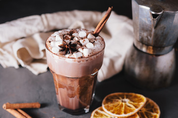 Cocoa or latte or hot chocolate with marshmallow and flavored with cinnamon. On a gray concrete background. Christmas present. Christmas concept. Christmas holiday.