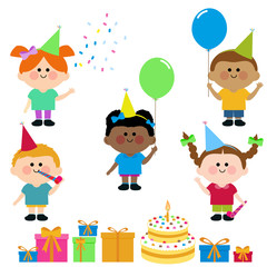 Children with party hats, balloons, boxes with presents and a birthday cake. Vector illustration