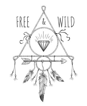 Native american boho feathers, arrows and crystal vector design ornament with free and wild text