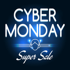 Cyber monday super sale promo poster with blue background. Vector illustration