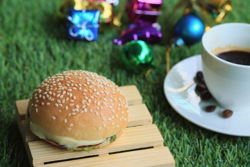 hamburger with hot coffee