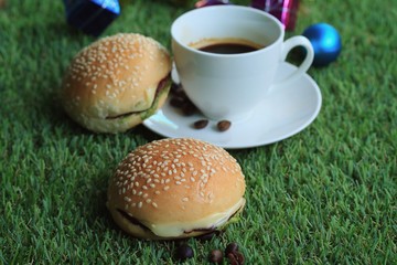 hamburger with hot coffee