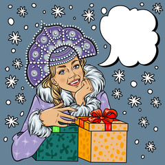 Vector Snow Maiden closeup in snow, pop art comic style