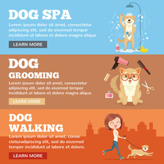 Dog grooming. Dog service. Vector flat cartoon illustration banners set