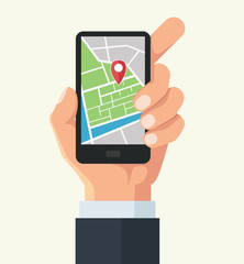 Vector hand and smartphone with map navigation app on touch screen. Vector flat cartoon illustration