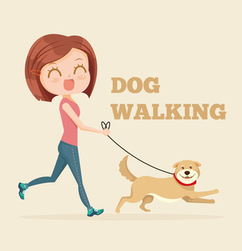 Dog walking service. Vector flat cartoon illustration