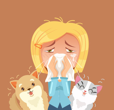 Allergic to domestic animals. Woman character sneeze. Vector flat cartoon illustration