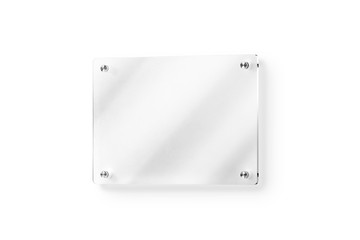 Blank glass name plate wall-mounted mockup, clipping path, 3d rendering. Clear acrylic signboard design mock up. Empty shiny nameplate holder fixed on white wall. Office door glassy signage template.