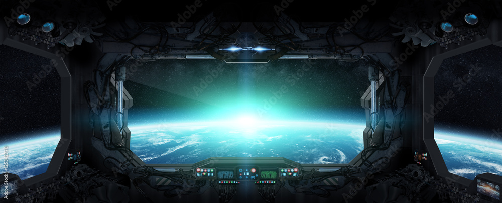 Poster view of planet earth from inside a space station