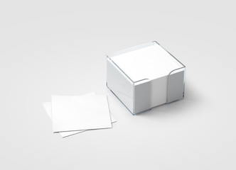 Blank white sticker note block plastic holder mockup, clipping path, 3d rendering. Plain office memo in transparent glass box mock up. Post it notes template. Loose adhesive papers for logo design.