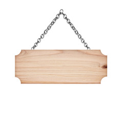 Wooden sign hanging on a chain isolated on white background