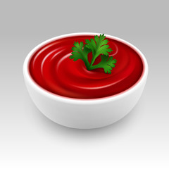 White Bowl of Red Tomato Ketchup Sauce with Green Parsley Close up Isolated on White Background